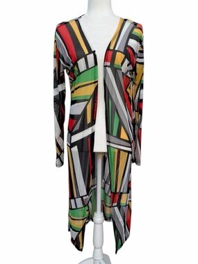 NYC Multicolor Geometric Printed Mesh Open-Front Long Sleeve Kimono Duster ~ L